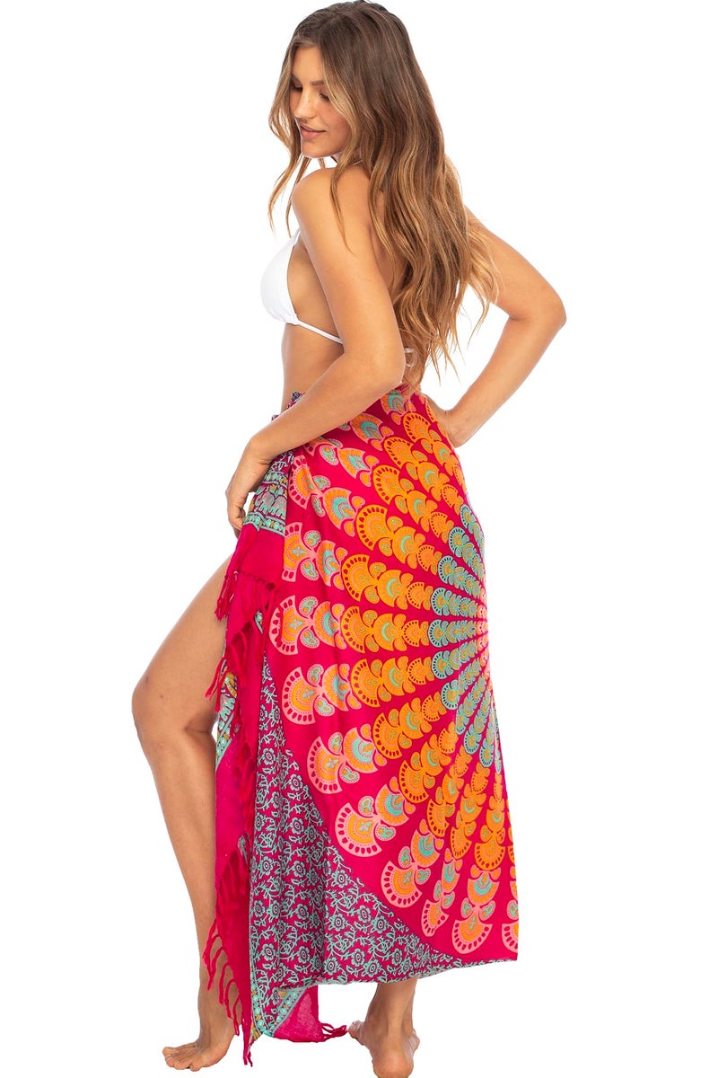 Back From Bali Womens Beach Swimsuit Bikini Cover Up Wrap and Clip Sarong Peacock Fuchsia Mint - Image 2